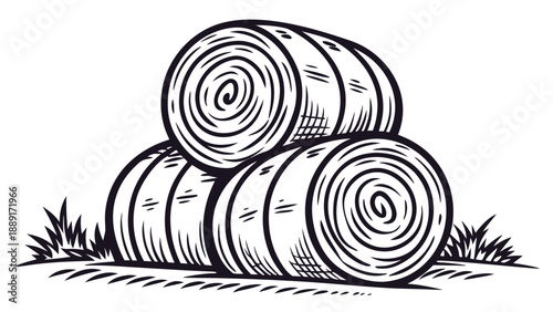Three stacked hay bales in a vintage woodcut style illustration black and white silhouette high quality