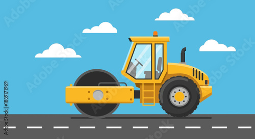 Bright Yellow Steamroller Machine On A Road With Clouds Above And White Road Markings