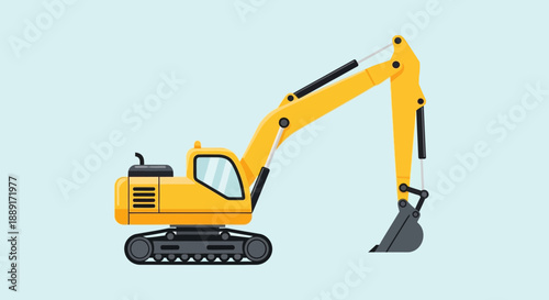 Bright Yellow Excavator Construction Vehicle Flat Illustration