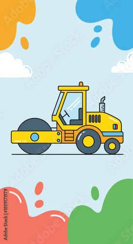 Bright Yellow Steamroller Truck Construction Vehicle Illustration