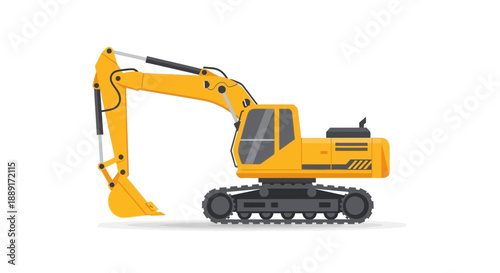 Bright Yellow Excavator Machine On White Background Construction Vehicle Illustration