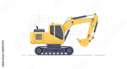 Bright Yellow Excavator Machine With Detailed Arm And Bucket On White Background
