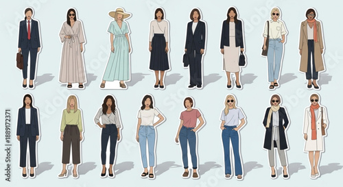 Collection of Young Diverse Female Characters in Modern Stylish Clothes
