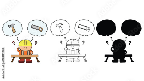 A cartoon illustration of workers with thought bubbles about tools