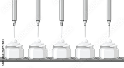 Industrial Production Line Filling Jars with Cream or Yogurt, Food Manufacturing, Automated Process, Food Industry, Creamy Product, Dairy Production, Factory Automatio...
