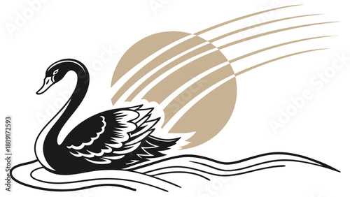 A black swan gracefully glides on water beneath a golden sun a striking silhouette high quality