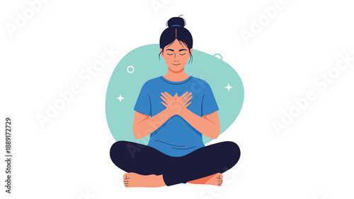 Young woman sitting in a lotus position practicing meditation and mindfulness for mental health and relaxation.