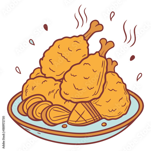 A colorful illustration of fried chicken legs and potato wedges on a plate silhouette high quality