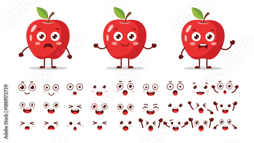 Set of red apple characters displaying various emotions along with a collection of different facial expressions.