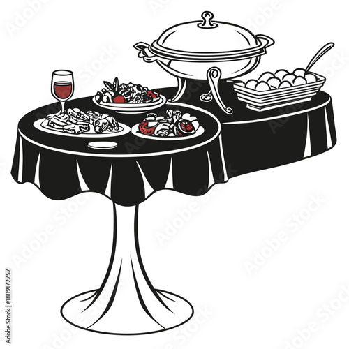 Elegant dinner setting with food wine and a draped table in striking silhouette high quality professional