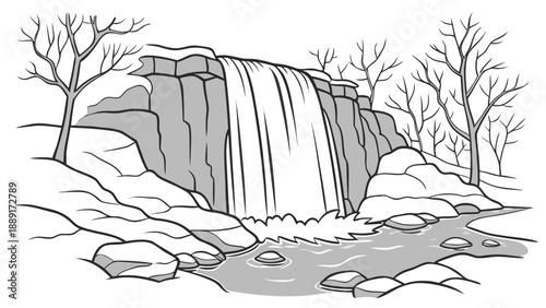 A grayscale illustration depicts a cascading waterfall surrounded by trees a striking silhouette high quality professional