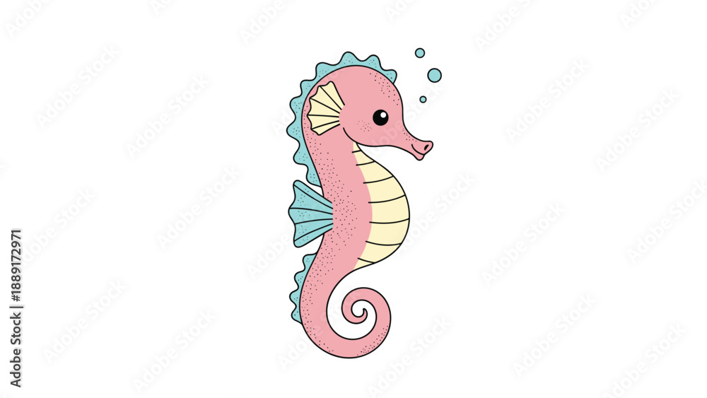 Obraz premium Cute pink seahorse with light blue fins and yellow belly segments, creating a charming underwater character.