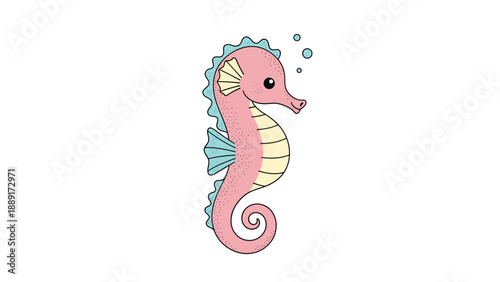 Cute pink seahorse with light blue fins and yellow belly segments, creating a charming underwater character.