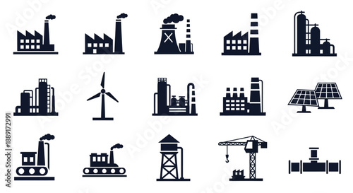 Industrial icons depicting factories power plants and energy sources
