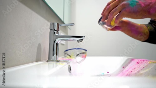 Vibrant Holi Festival Colors Stain Hands Washing in a Modern Bathroom Sink with Chrome Faucet and Safety Goggles Nearby