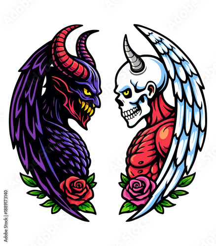 Angel and Demon Face to Face Illustration with Wings and Roses, Heaven vs Hell Dark Fantasy Vector Art, Gothic Mythology Design Isolated on White Background