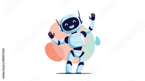 Friendly and happy little robot waving its hands with a bright smile, representing future technology and AI.
