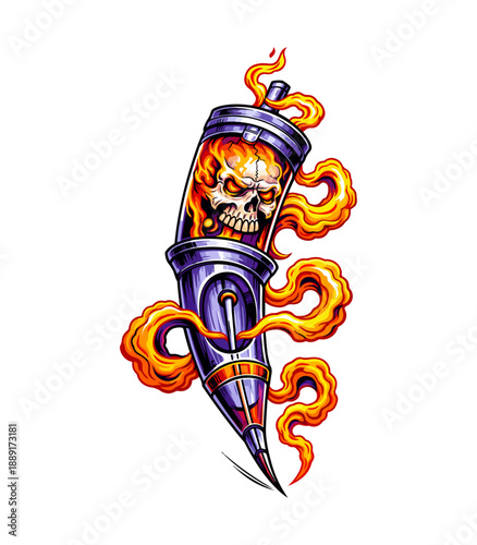 Flaming Skull Syringe Illustration with Fire Smoke, Dark Horror Fantasy Vector Art, Creepy Gothic Weapon Design Isolated on White Background