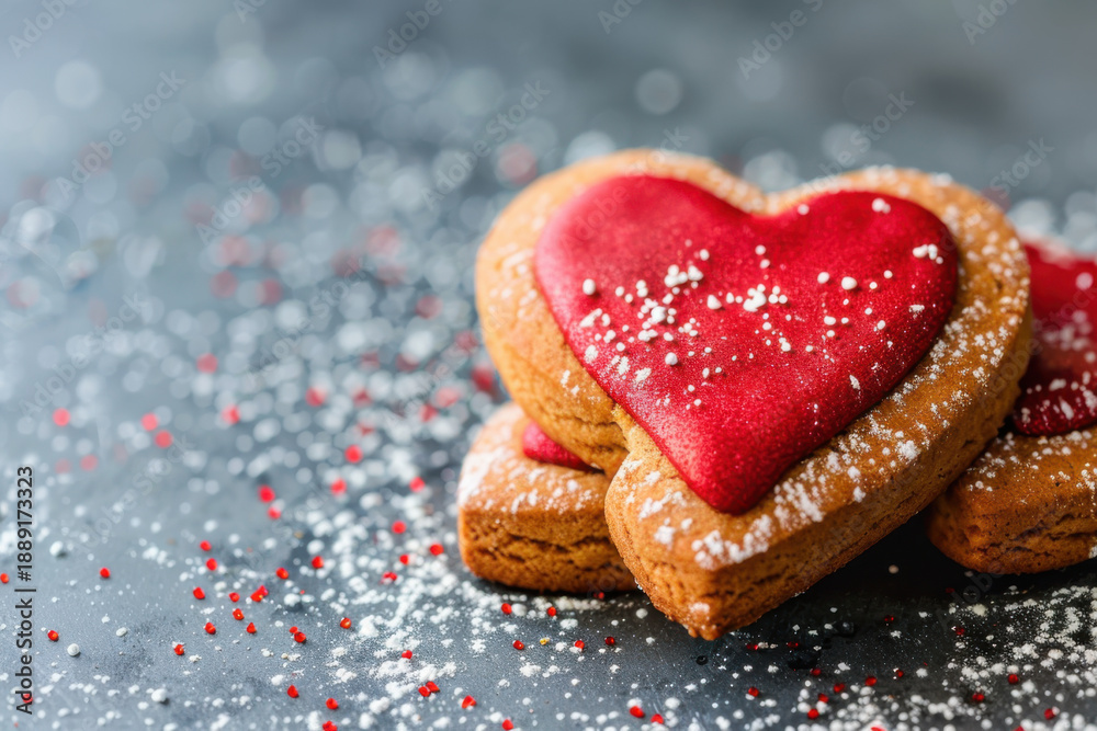 Obraz premium Heart-shaped gingerbread cookies decorated with red icing on a gray background, perfect for Valentine’s Day celebrations.