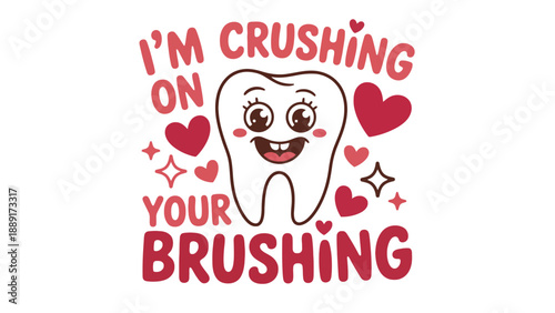 A cartoon tooth with a smiling face and hearts around it