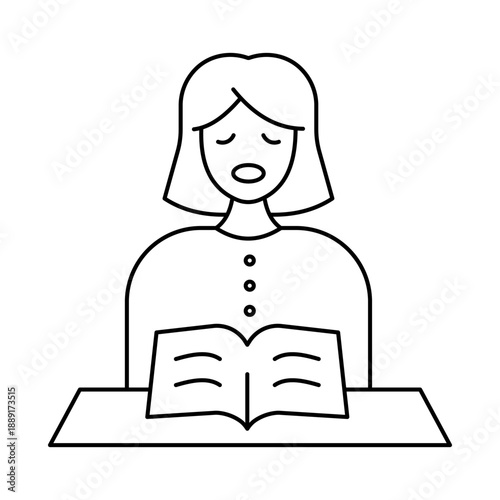 Woman Reading Book at Desk Line Icon