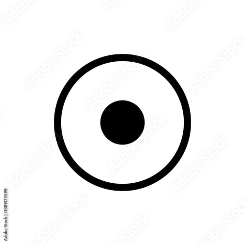A striking minimalist black and white symbol featuring a solid central dot encircled by a perfect black ring. media player control icon