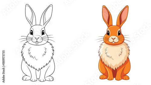 Long eared brown rabbit sitting calmly shown in both line art and fully colored version for educational comparison.