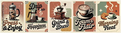 Retro mid century coffee poster series with five panels showing brewing methods, latte art and bakery elements in warm vintage colors.