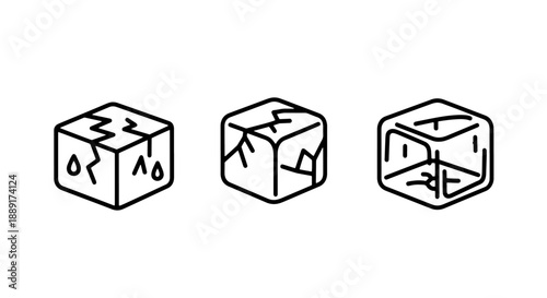 Abstract line art vector icons depicting cracked ice cubes, symbolizing coldness, fragility, refreshment, or the melting effects of climate change.