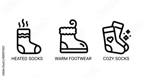 Adorable line art vector icons showcasing various types of socks, including heated, warm, and cozy designs, perfect for comfort, fashion, and winter themes.