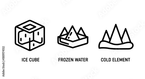 Minimalist line art vector icons representing ice cubes, frozen water formations, and cold elements, ideal for themes of refreshment, winter, or scientific concepts.