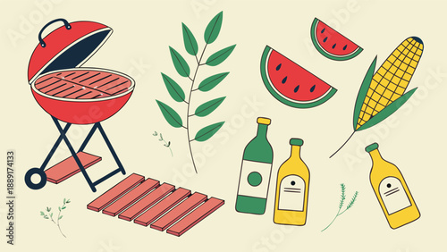 Summer picnic scene with a grill watermelon corn and drinks flat vector silhouette high quality professional