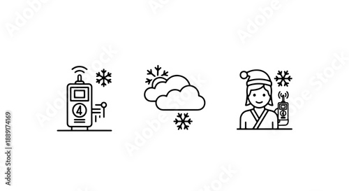 Winter Communication and Snow Weather Forecast with Person Wearing Santa Hat Holding Radio in Cold Snowy Outdoors