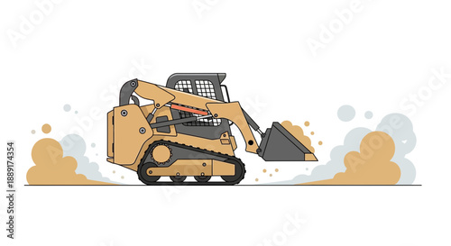 Compact Construction Equipment Performing Earth Moving Operations With Dust Clouds