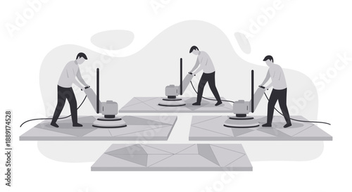 Commercial Floor Polishing Crew Working In Synchronized Effort