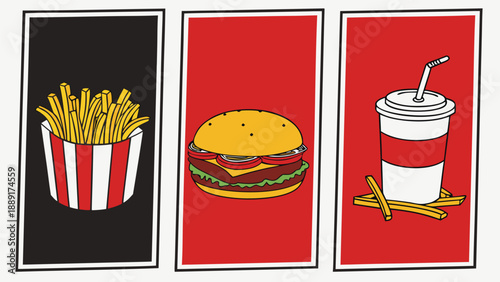 A vibrant triptych displaying french fries a burger and a drink in a flat silhouette