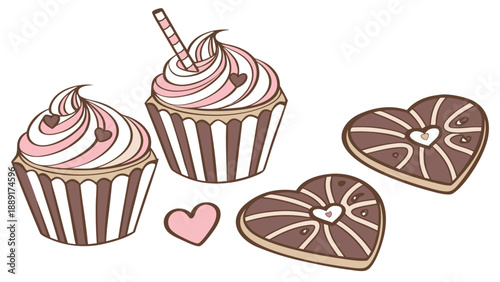 Charming hand drawn cupcakes and heart shaped cookies display a delightful confectionery silhouette high quality professional