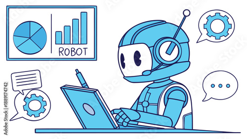 A futuristic robot working on a laptop with data visualizations a striking silhouette high quality professional