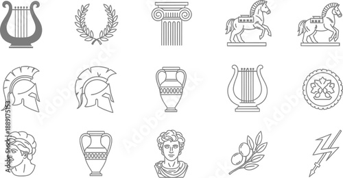 Set of Ancient Greek Icons and Symbols in Outline Style on White Background Keywords: greek, icon, symbol, outline, harp, lyre, laurel wreath
