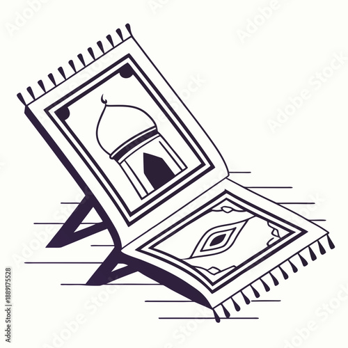 Open prayer mat with mosque design on a stand