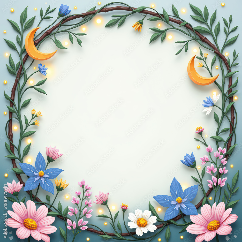Obraz premium Floral design with leaves and moons in a circular frame capturing bright colors and nature elements during springtime