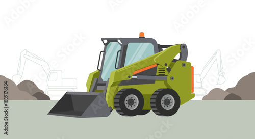 Compact Construction Vehicle With Bucket And Excavator In Background