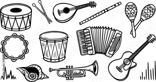 Black and white line art collection of traditional musical instruments including drum guitar trumpet accordion maracas and tambourine illustration