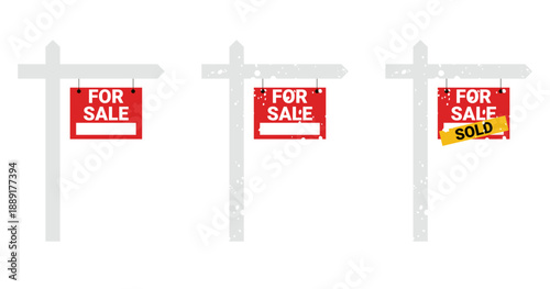Real Estate Sign Set: For Sale, For Sale In Winter, and Sold Property Signs on White Posts,  Professional Real Estate Yard Signs for Home Listings - Sold and For Sale Variations, For Sale and Sold 