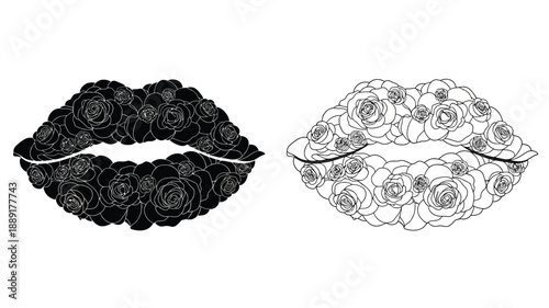 Floral lips a black and white illustration of lips covered in roses