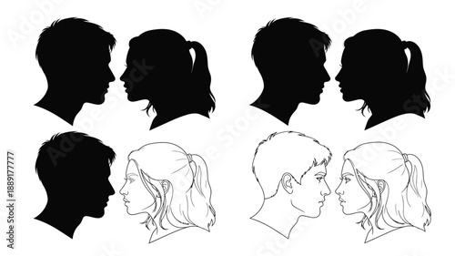 Silhouettes of couples facing each other presented in black and white