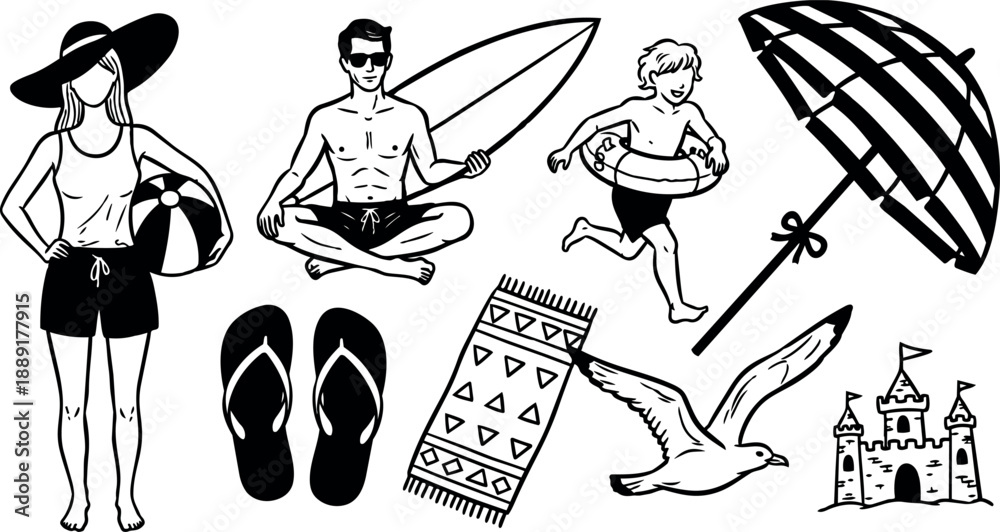 Obraz premium Black and white line art beach scene with woman holding ball, man meditating with surfboard, boy running, and umbrella with sandcastle