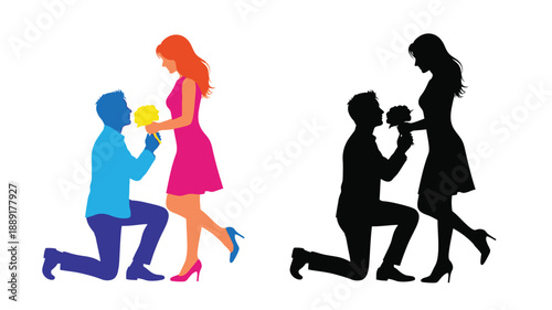 A colorful and silhouetted depiction of a romantic marriage proposal scene