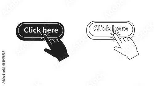 Two click here buttons with hand pointer illustrations in monochrome styles