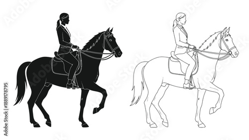 Two depictions of a woman riding a horse one solid and one outlined